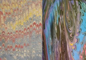 I could play it like a cat and say, "I meant to do that"... But in my attempt at marbling (pictured at right), I was really trying to achieve the beautiful uniformity of the early fine-combed design at left. (Book shown: 