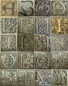 A (partial) alphabet in woodcut initials, pieced together from books throughout our collection.